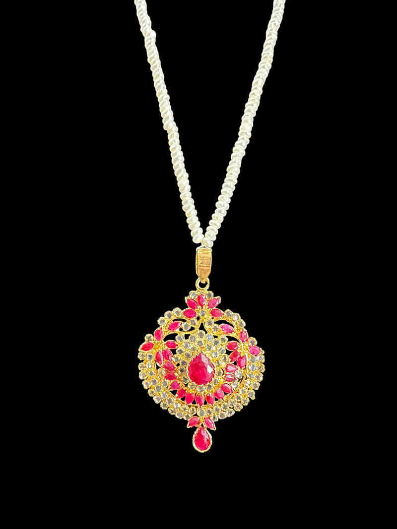 PS240 Gold plated ruby pendant set with fresh water pearls ( READY TO SHIP)