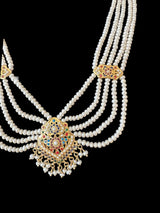 Navratan gold plated silver necklace with earrings in fresh water pearls ( READY TO SHIP )