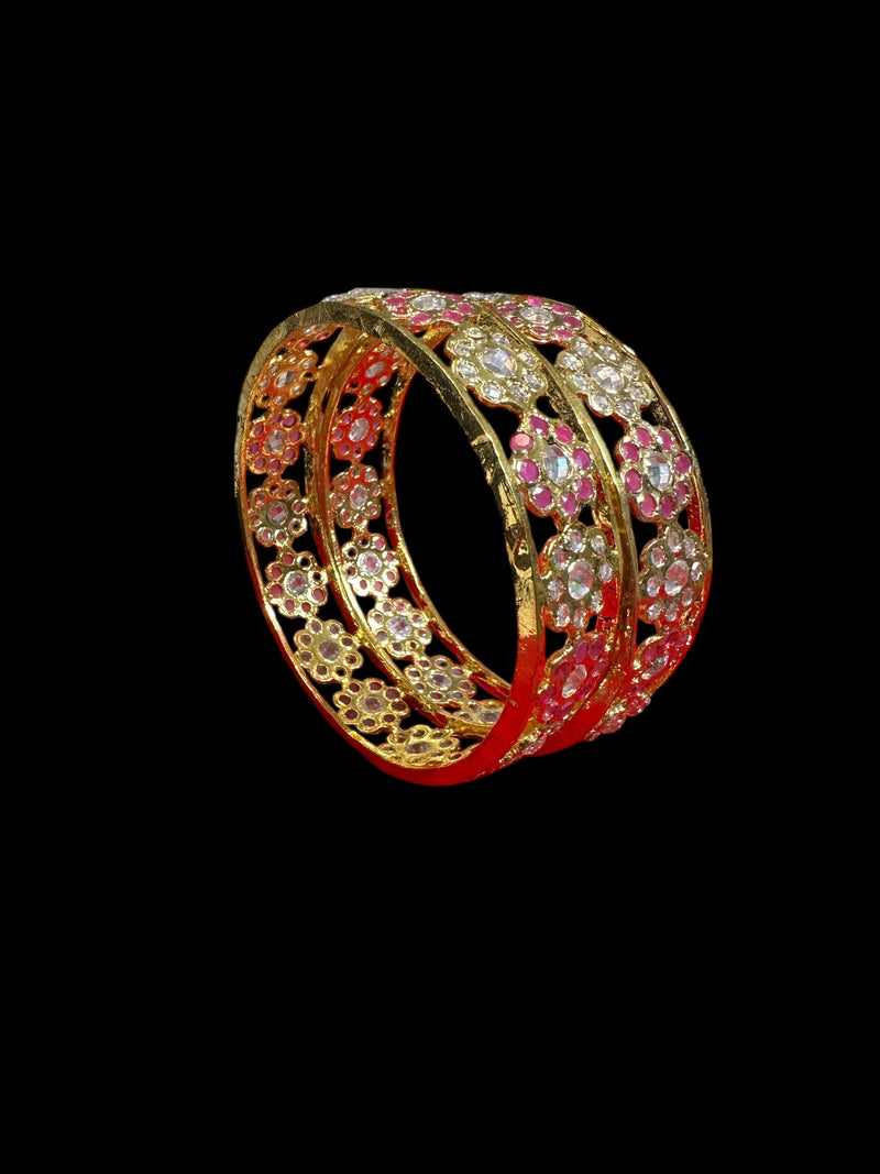 Indu Gold-Plated CZ Polki Bangles – Ruby & Clear Combination (Set of 2) ( READY TO SHIP )