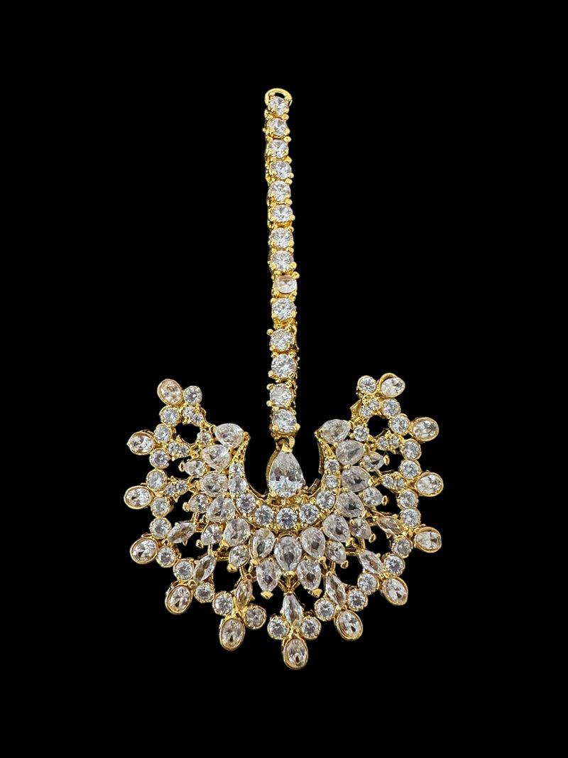 Subhana gold plated chandbali earrings tika set  -clear  ( READY TO SHIP )