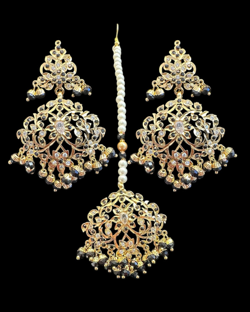 DJET100 Black & Zircon Gold-Plated Earrings with Tikka Set ( READY TO SHIP )