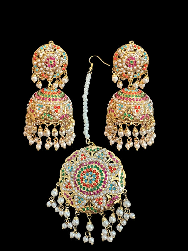 Jadau jhumka in Navratan with pearls ( READY TO SHIP )