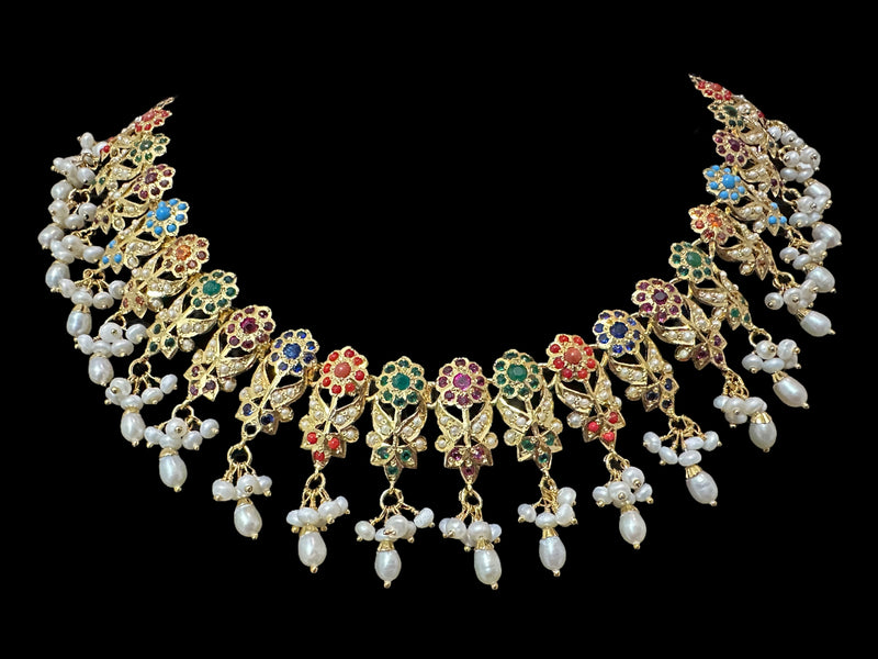 Navratan / Multicolored Jadau Necklace Set in Gold Plated Silver ( READY TO SHIP )