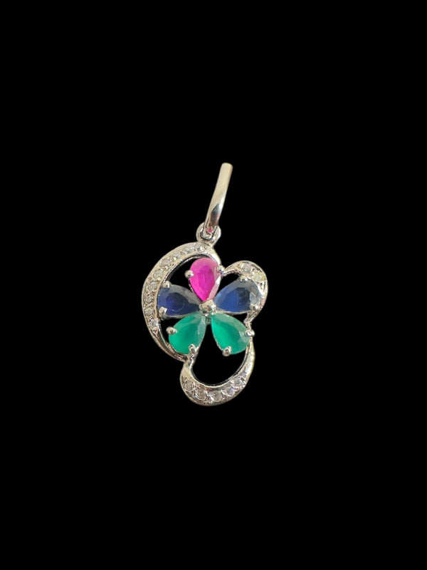 Cz pendant - silver plated with ruby , green and blue stones ( READY TO SHIP )