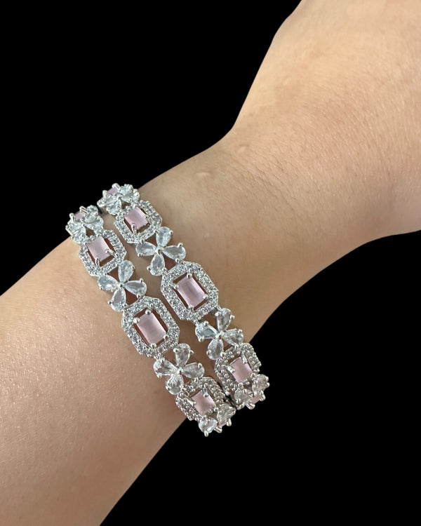 B814 Silver Plated Bangles in Clear and Pink Cubic Zirconia ( READY TO SHIP )