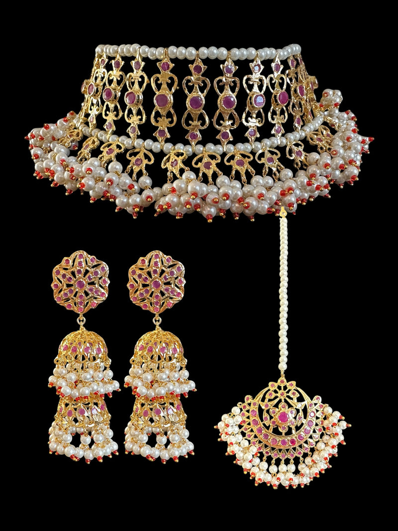 C534 Viya bridal choker set in rubies and pearls  (READY TO SHIP )