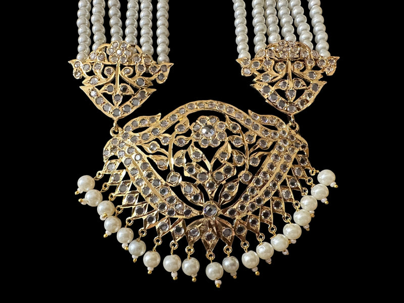 DLN111 Hareem pearl rani haar with jhoomar earrings in pearls  ( READY TO SHIP )