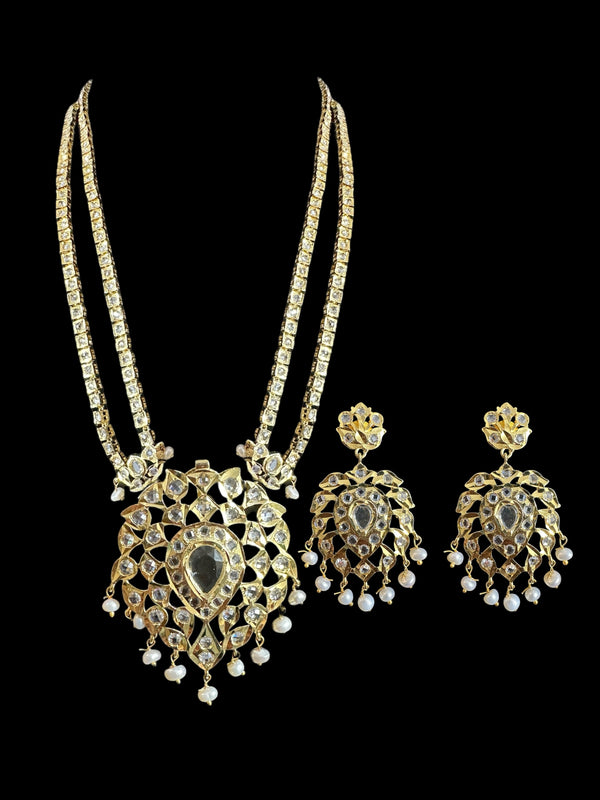 DLN44 Alvira Polki necklace with earrings in fresh water pearls ( READY TO SHIP )