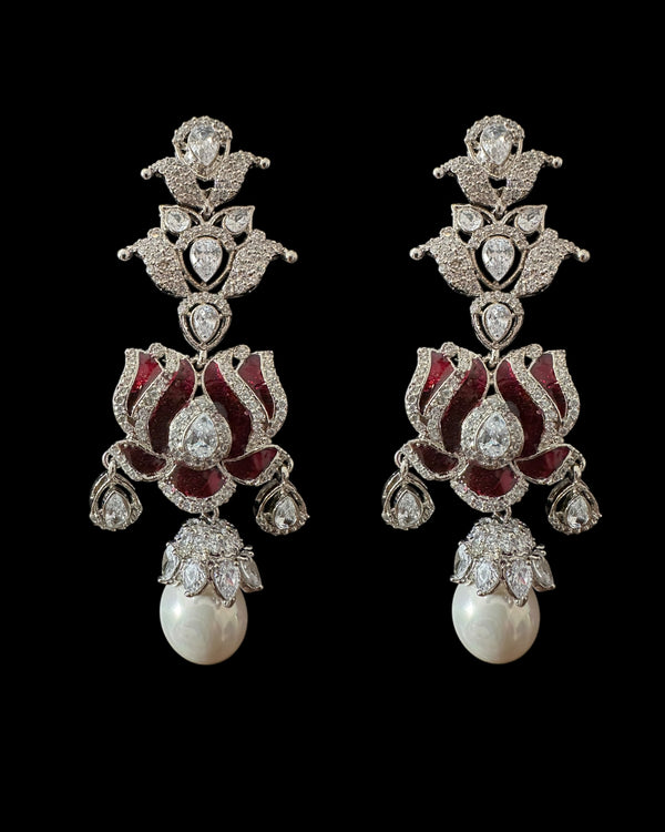 DER809 Lotus Cz earrings -Maroon ( READY TO SHIP )