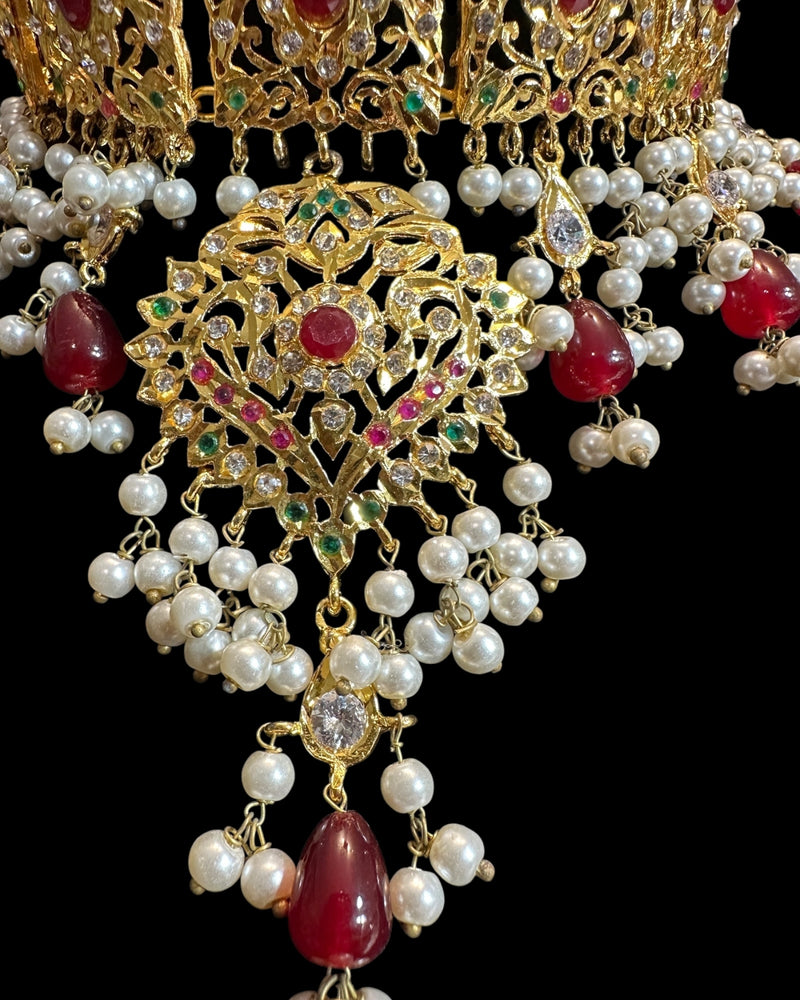 Ruby & Emerald Gold-Plated Bridal Choker with Earrings – Handcrafted