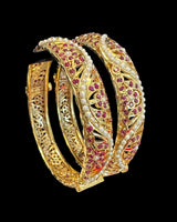 Gold-Plated 92.5 Silver Bangles with Rubies & Freshwater Pearls (Pair) ( READY TO SHIP )