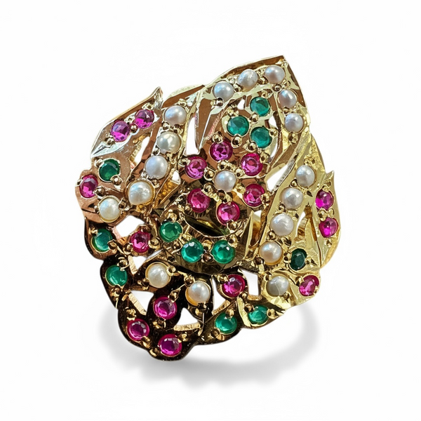 Ruby Emerald Freshwater Pearl Adjustable Ring – Gold-Plated 92.5 Silver ( SHIPS IN 5 WEEKS )