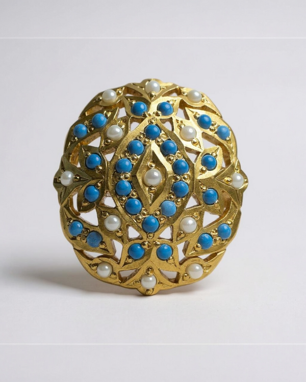 Turquoise & Pearl Ring – Gold-Plated Silver Elegance in Feroza ( READY TO SHIP )