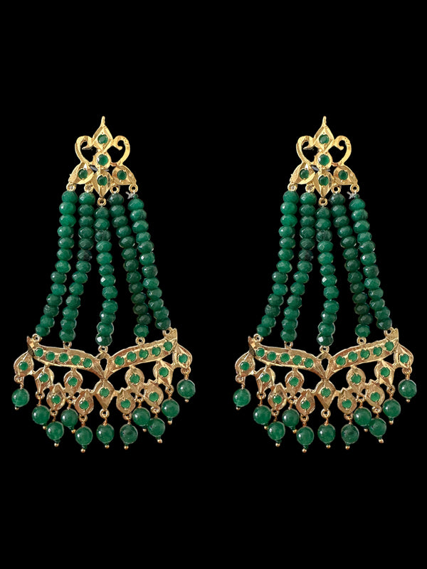 DER589 Amrita jhoomar earrings in green beads  ( SHIPS IN 4 WEEKS  )