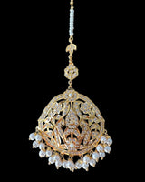 DJTK368 Samra Punjabi Tika – Gold-Plated Bridal Headpiece with Clear Zircon Stones & Pearl Hangings ( READY TO SHIP )