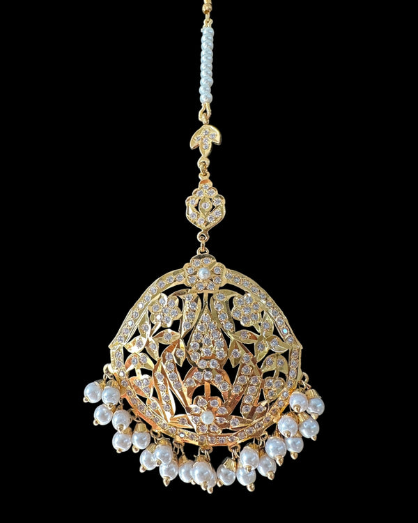 DJTK368 Samra Punjabi Tika – Gold-Plated Bridal Headpiece with Clear Zircon Stones & Pearl Hangings ( READY TO SHIP )