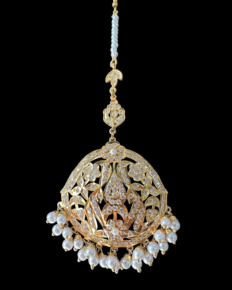 DJTK368 Samra Punjabi Tika – Gold-Plated Bridal Headpiece with Clear Zircon Stones & Pearl Hangings ( READY TO SHIP )