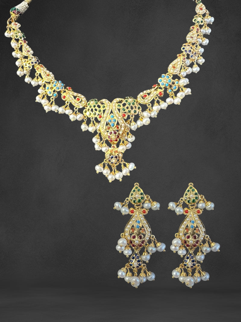 Navratan / Multicolored Jadau delicate Necklace Set in Gold Plated Silver ( READY TO SHIP )