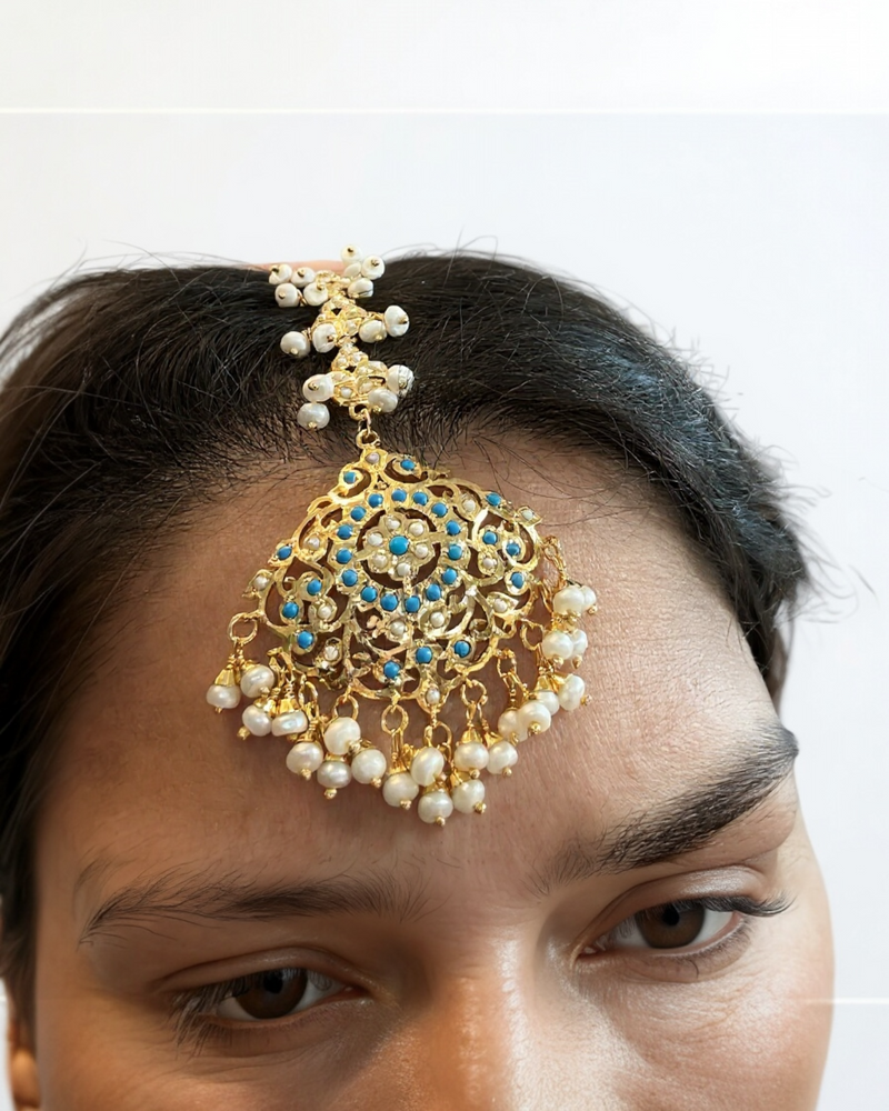 Turquoise & Freshwater Pearl Tika – Gold-Plated 92.5 Silver ( READY TO SHIP )