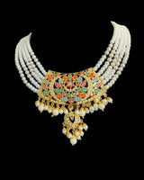 DNS503 Gold Plated Jadau Pearl Necklace Set with Earrings in navratan ( READY TO SHIP )