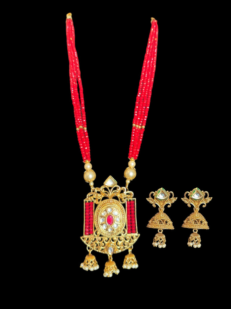 PS536 Kundan mala and jhumka with red beads ( READY TO SHIP )