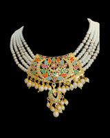DNS503 Gold Plated Jadau Pearl Necklace Set with Earrings in navratan ( READY TO SHIP )