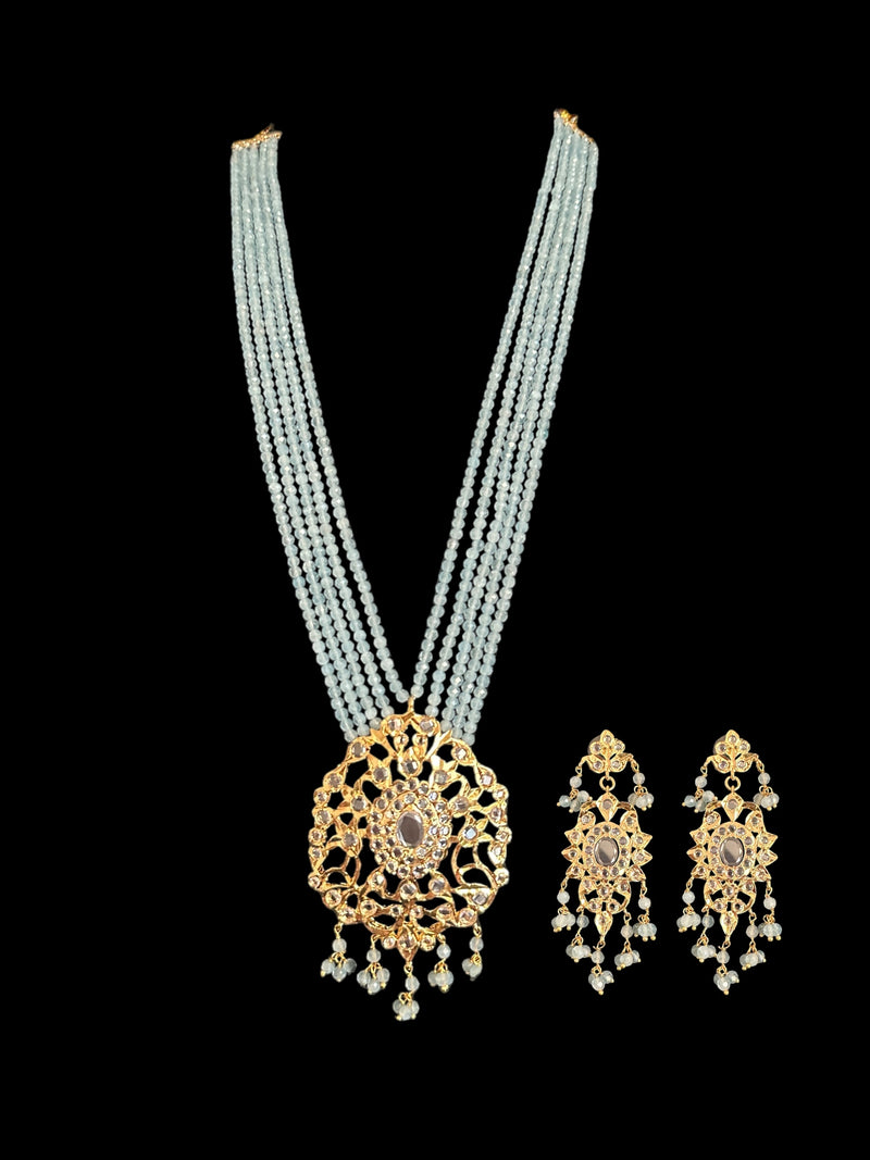 DLN123 Himah long necklace with earrings in real aquamarine beads ( READY TO SHIP )