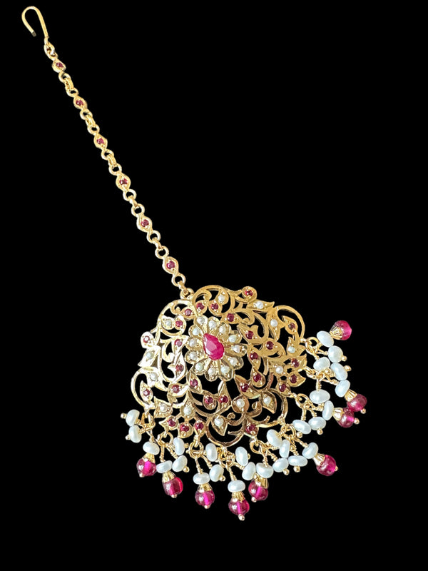 Mehwish Jadau tika in gold plated silver with fresh water pearls and rubies