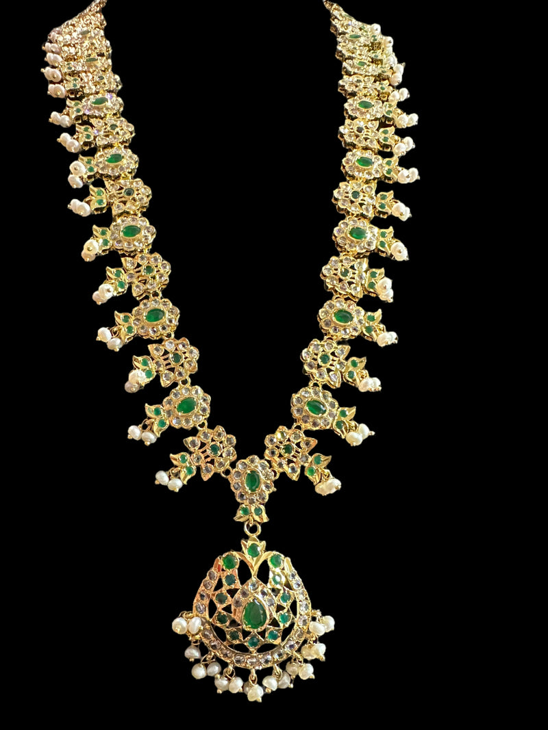 DLN73 Mallika hyderabadi Rani haar in green with fresh water pearls ( READY TO SHIP )