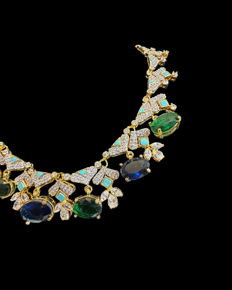 DNS213 Turquoise & emerald sapphire CZ Necklace Set with Earrings – Gold Plated ( READY TO SHIP )