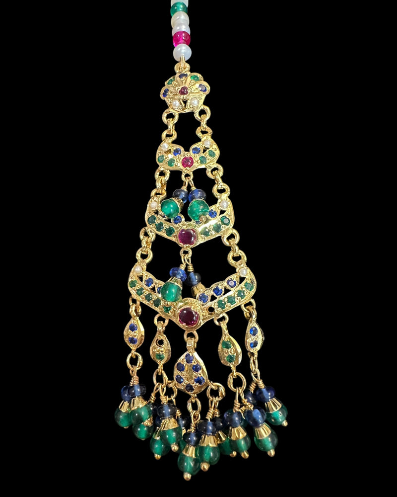 Gold Plated Silver Emerald, Sapphire & Ruby Tika with Freshwater Pearls ( READY TO SHIP )