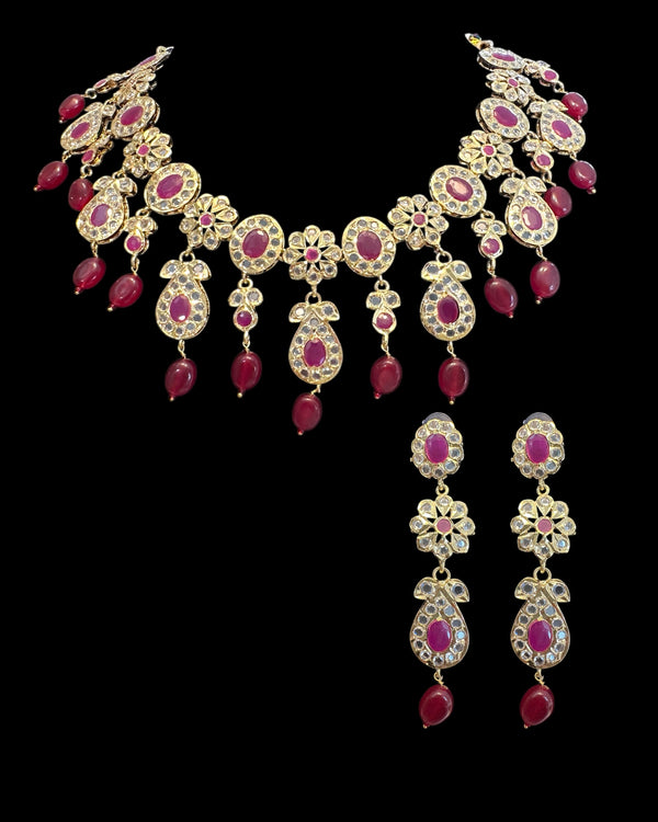 DNS209 🌸 Floral Motif Hyderabadi Necklace Set – Gold-Plated with CZ Polki & Ruby Quartz Beads ( READY TO SHIP )