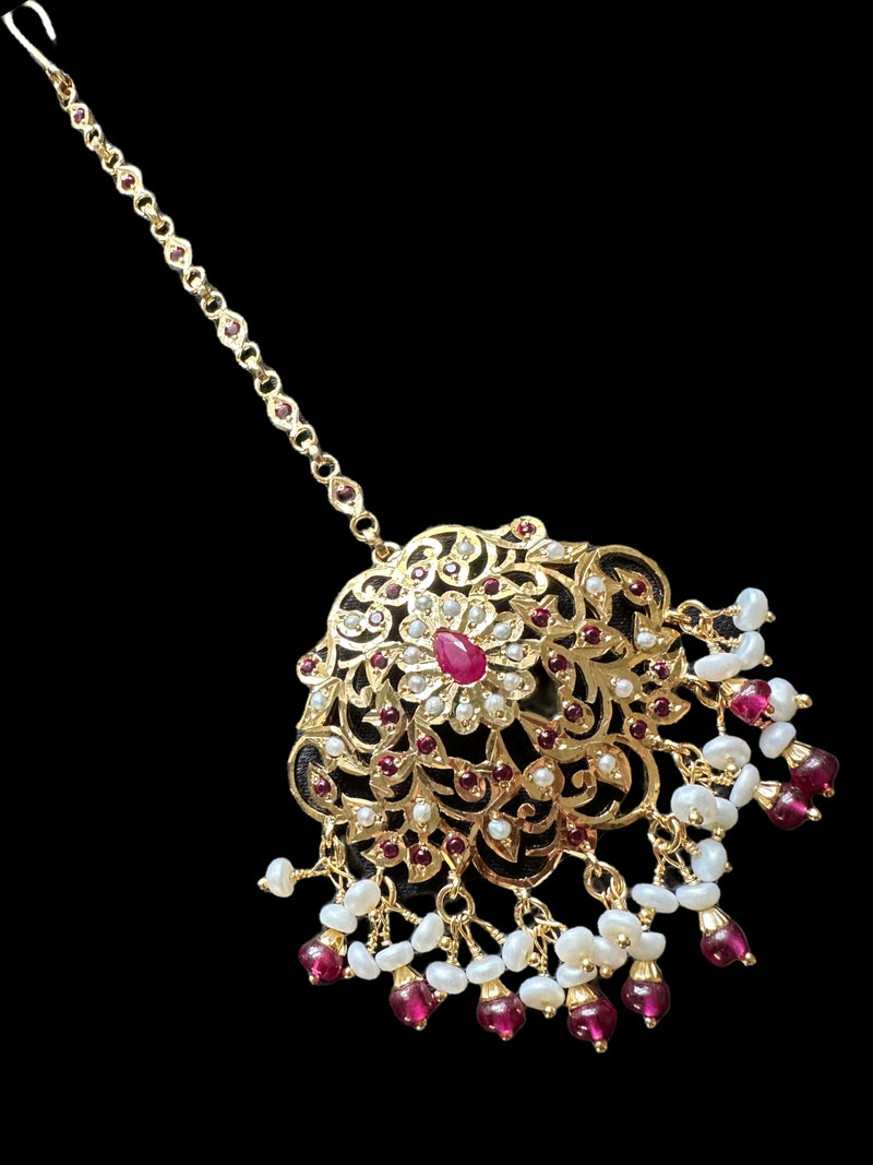 Mehwish Jadau tika in gold plated silver with fresh water pearls and rubies