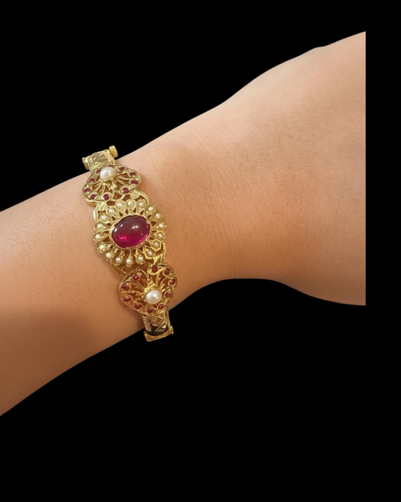 Ruby & Freshwater Pearl Gold-Plated Silver Kada Bracelet ( READY TO SHIP )