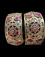 Broad Gold-Plated CZ Polki Kadhas – Ruby & Clear Combination ( READY TO SHIP )
