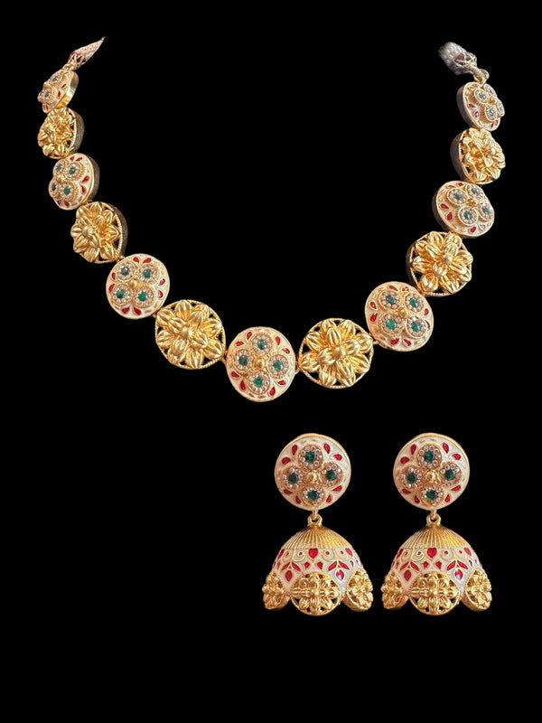 DNS142 meenakari gold plated  necklace with jhumka  set  (READY TO SHIP )