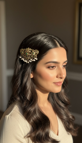 Gold-Plated 92.5 Silver Passa Hair Clip with Emeralds and Freshwater Pearls ( READY TO SHIP )