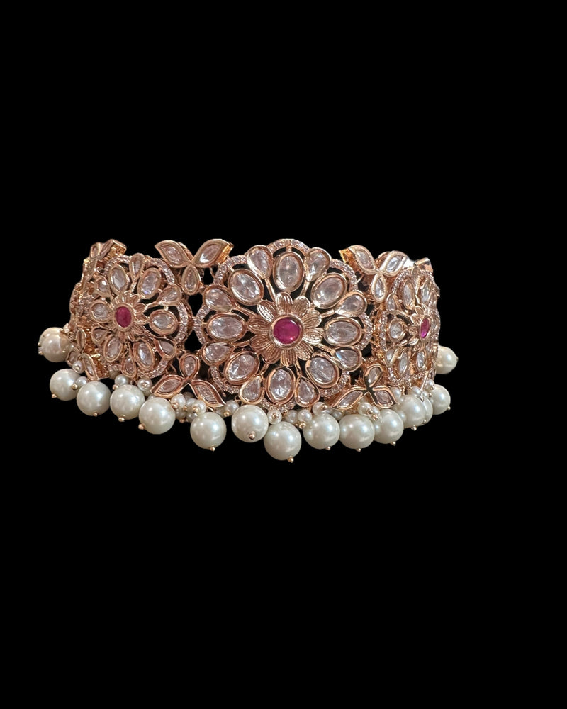 C572 Mirha Ruby and Polki choker with pearls in rose gold plating ( READY TO SHIP )
