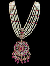 DLN137 MANDIRA Long CZ Pearl Mala with Ruby Beads | Necklace & Earrings Set ( READY TO SHIP )