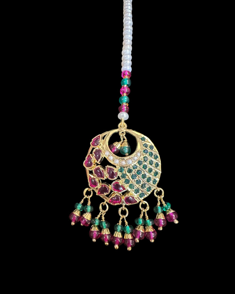 Gold Plated Silver Ruby Emerald Tika with Freshwater Pearls ( READY TO SHIP )