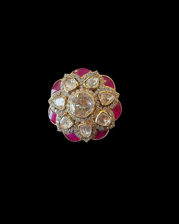 Ruby & Moissanite Polki Gold-Plated Silver Statement Ring ( READY TO SHIP )