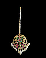 Kulsum jhoomar tika set in ruby emerald with fresh water pearls ( READY TO SHIP )