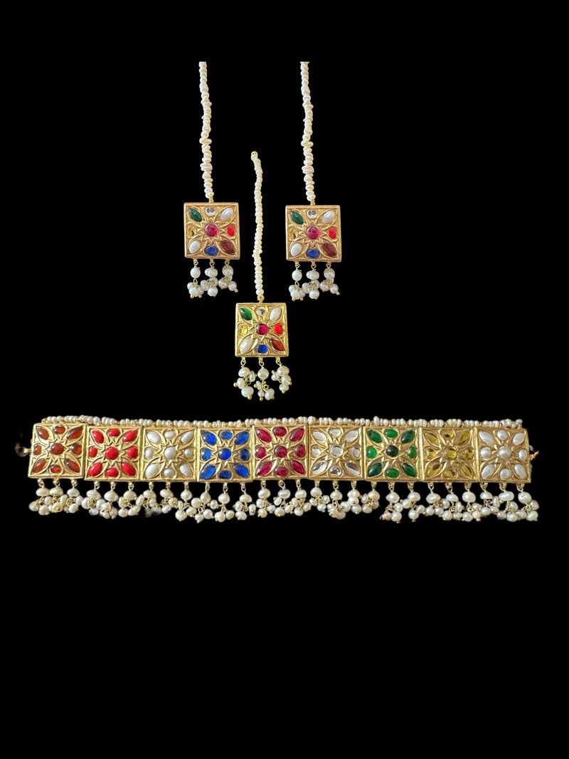 C536 Navratan bridal choker earrings and Tika set in fresh water pearls ( READY TO SHIP )