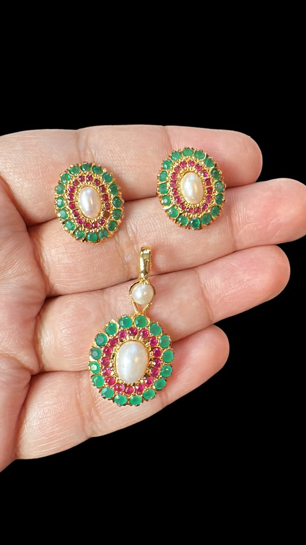 Gold plated jadau silver pendant set in ruby emeralds   ( READY TO SHIP )