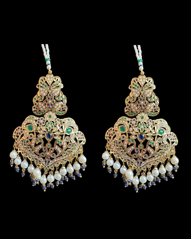 DNS210 Neeli Handcrafted Blue-Green Jadau Necklace Set with Shell Pearls, CZ Stones, Earrings & Tika ( READY TO SHIP )