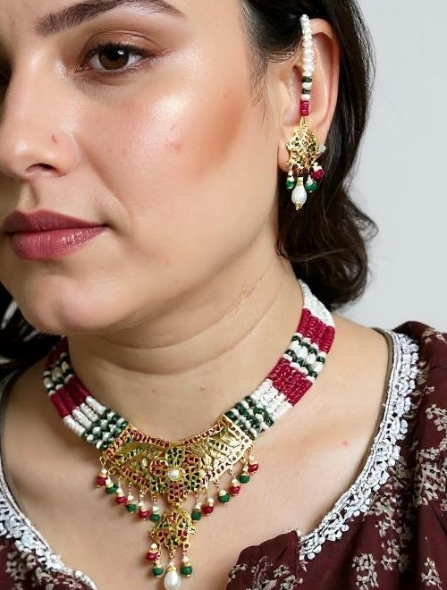 DNS207 Jadau necklace with earrings in ruby emerald zircon and real pearls ( READY TO SHIP )