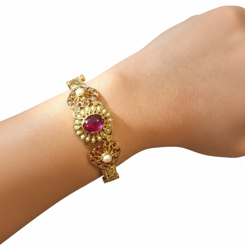 Ruby & Freshwater Pearl Gold-Plated Silver Kada Bracelet ( READY TO SHIP )