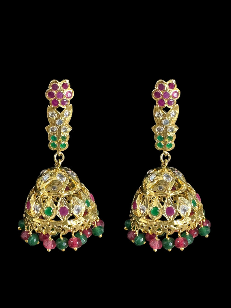 DER594 rooha jhumkas in ruby emerald / red green  ( READY TO SHIP)