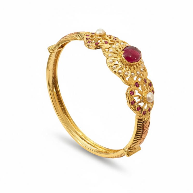 Ruby & Freshwater Pearl Gold-Plated Silver Kada Bracelet ( READY TO SHIP )