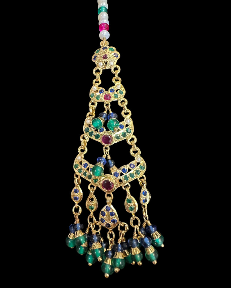 Gold Plated Silver Emerald, Sapphire & Ruby Tika with Freshwater Pearls ( READY TO SHIP )